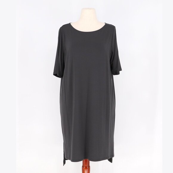EILEEN FISHER Tencel High-Low Tunic Dress Dark Gray Charcoal Half-Sleeves Size L - Picture 1 of 8